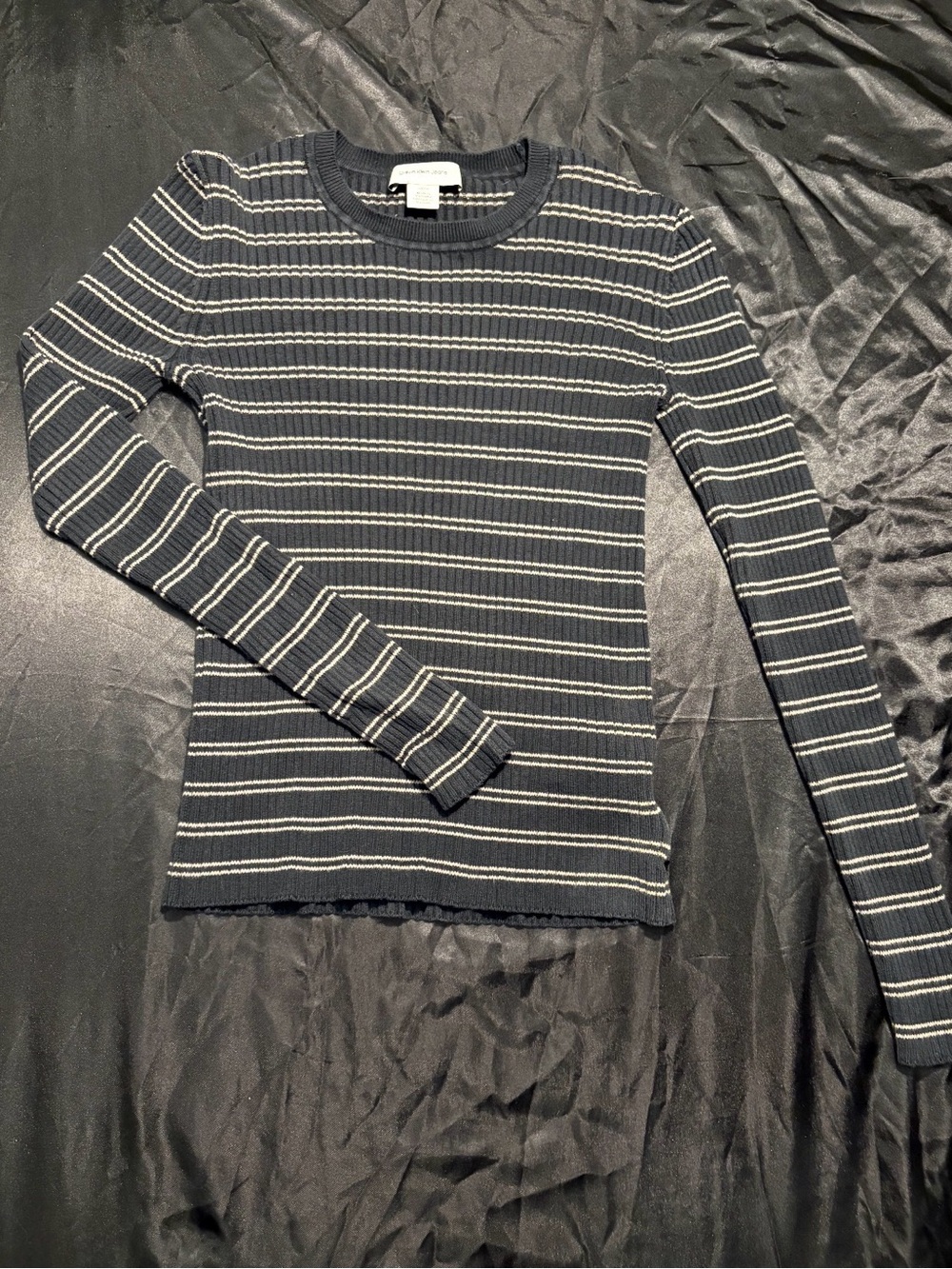 Calvin Klein Jeans Navy and White Striped Ribbed Crewneck Sweater